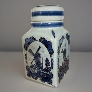 Classic! Vintage Blue White Delft Holland Hand Painted Windmill Cache Jar w/Lid